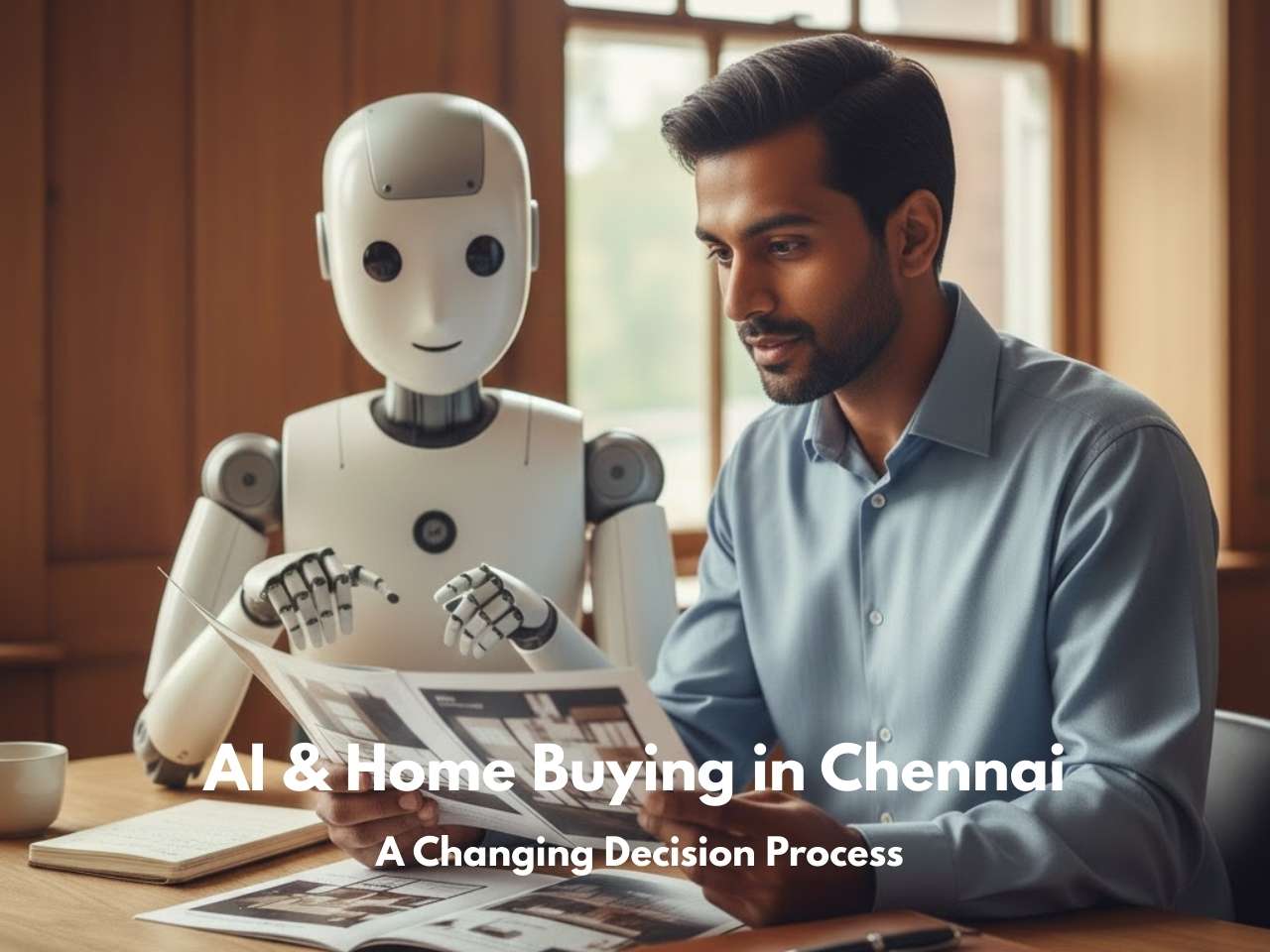 Indian homebuyer reviewing property brochures with AI assistance during the home buying process in Chennai.