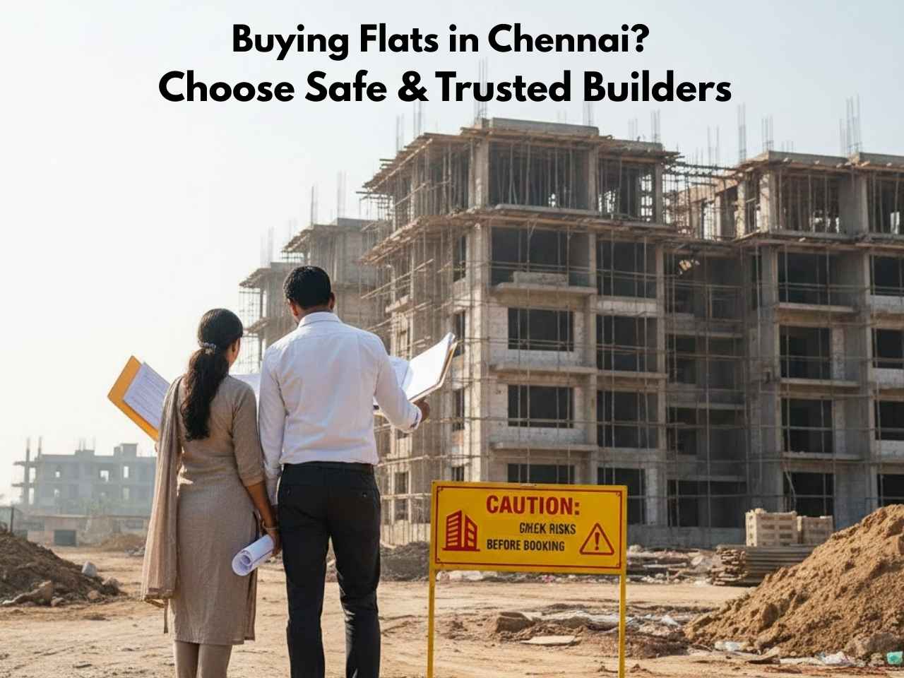Homebuyers checking project risks at a Chennai construction site before booking a flat.