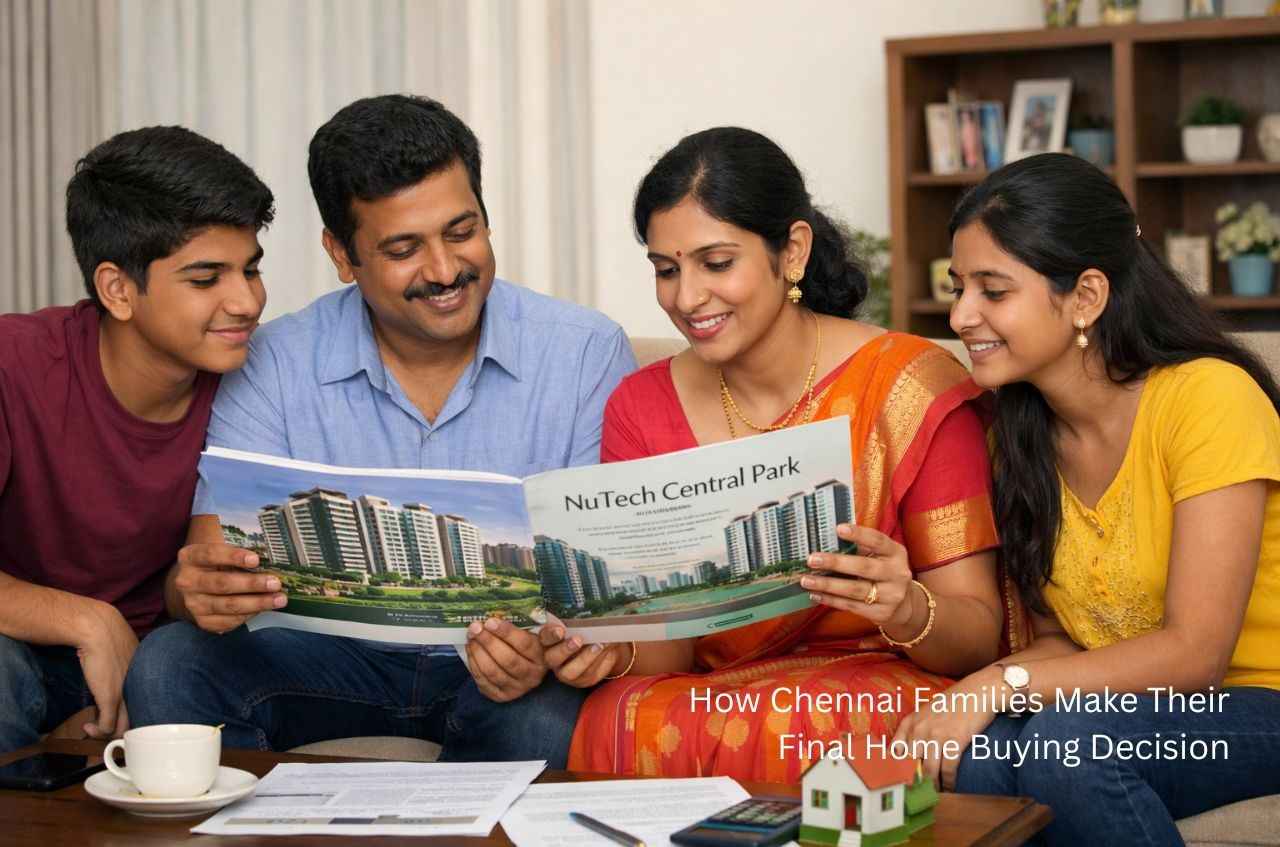 Chennai family reviewing apartment brochure together while discussing their final home buying decision.