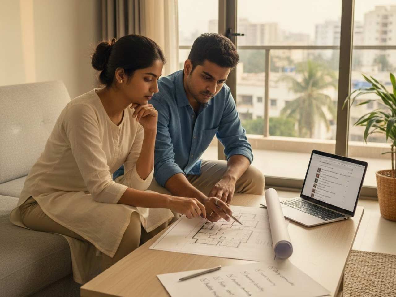 Chennai homebuyers reviewing a practical checklist and apartment floor plan before buying a flat in 2026