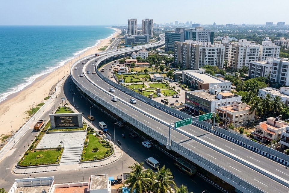 Aerial photograph showing the new ECR elevated road corridor running along the Chennai coastline near Uthandi beach.
