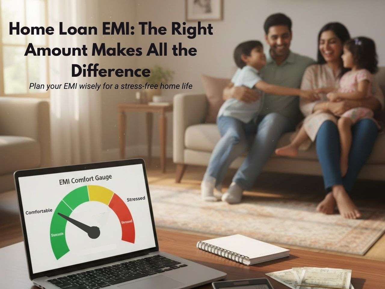 Hero image showing EMI comfort gauge and a relaxed family, representing smart home loan EMI planning.