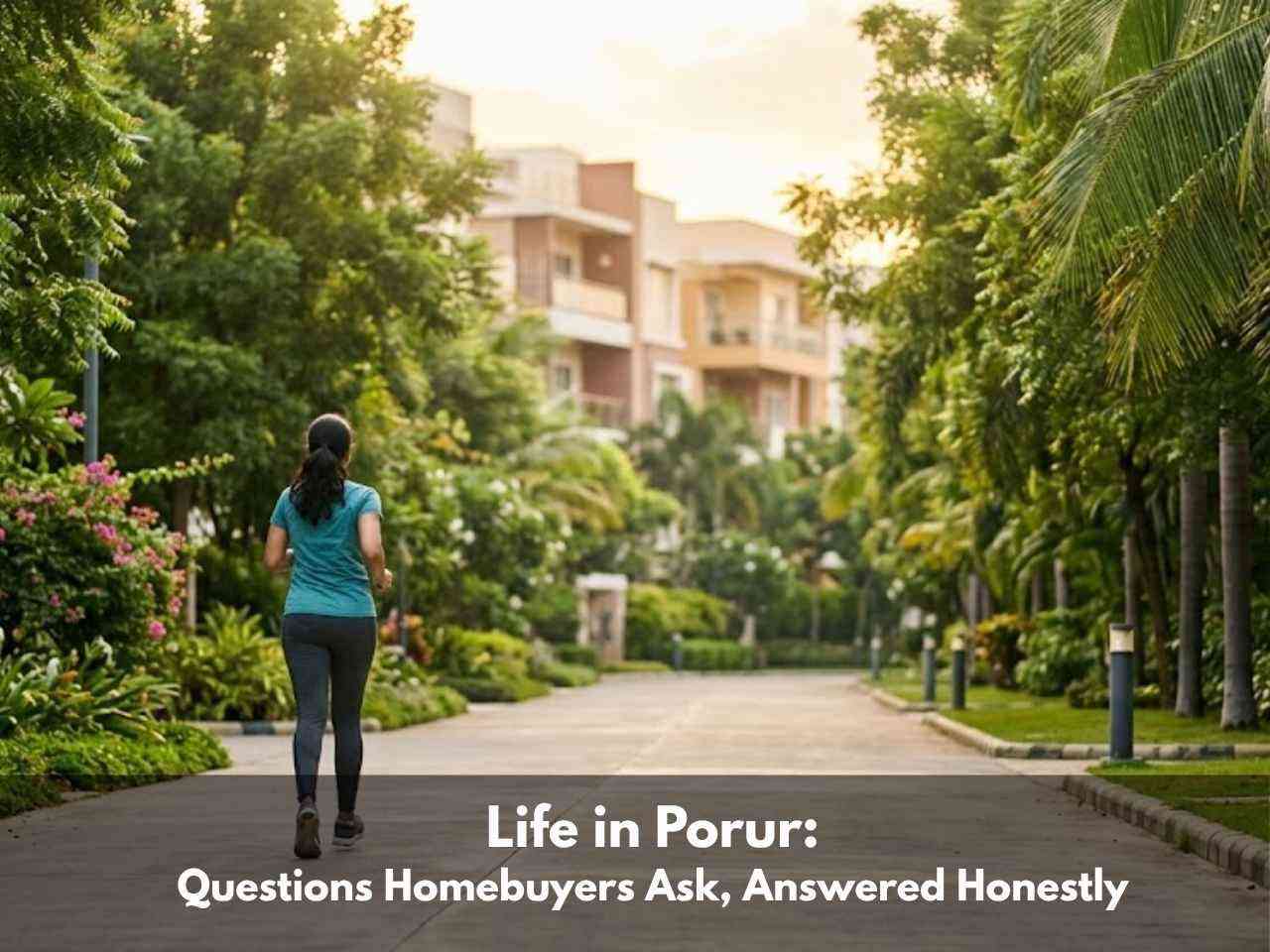 Woman jogging on a tree-lined pathway inside a gated community in Porur, Chennai, during early morning.