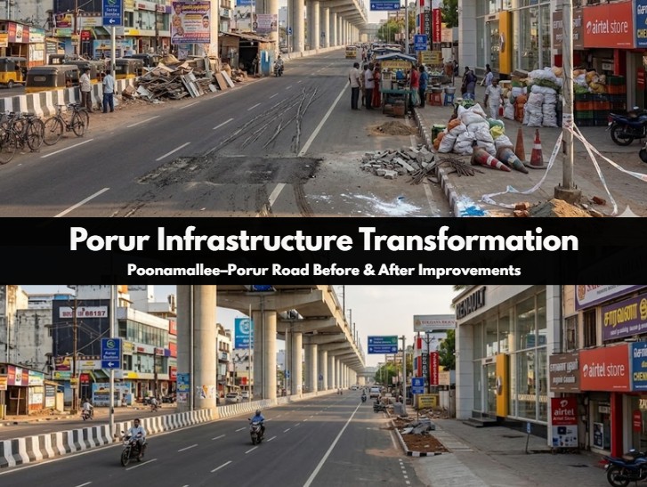 Chennai Metro corridor along the Poonamallee–Porur road showing infrastructure development in Porur.