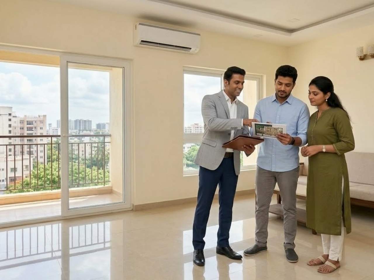 Chennai homebuyers reviewing a practical checklist and apartment floor plan before buying a flat in 2026