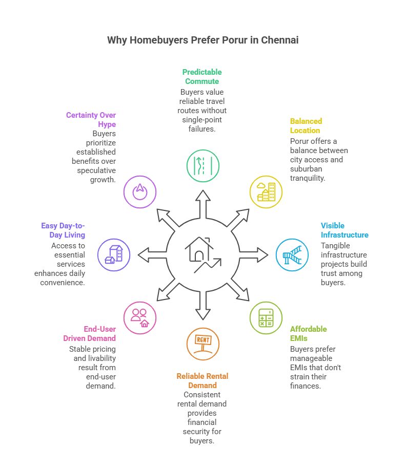 Mind map on how Chennai homebuyers evaluate Porur based on commute comfort, EMI comfort, rental safety, and infrastructure.