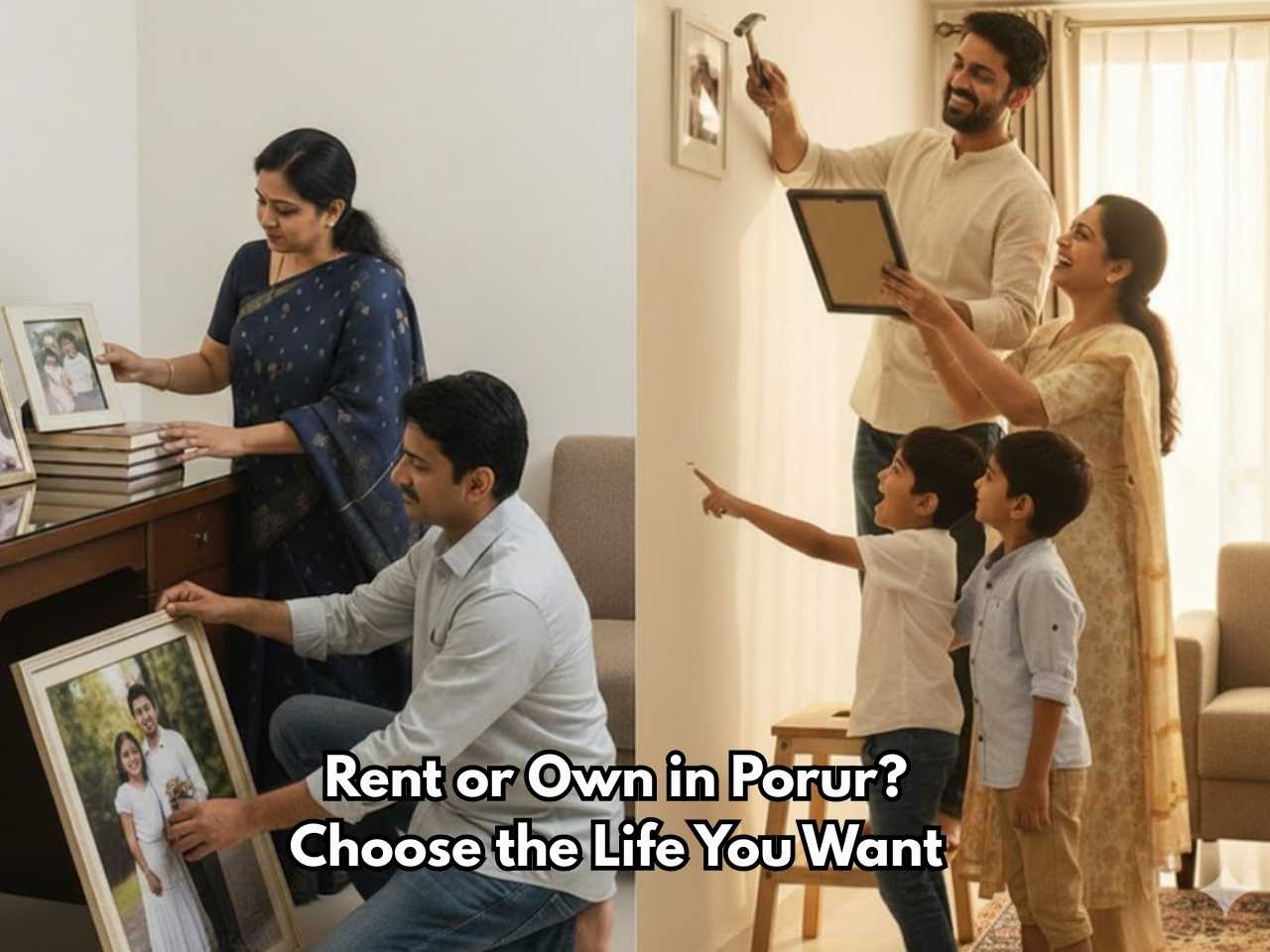 Family hanging photos on a wall in an owned home and placing frames on furniture in a rented house, symbolizing renting vs owning in Porur.