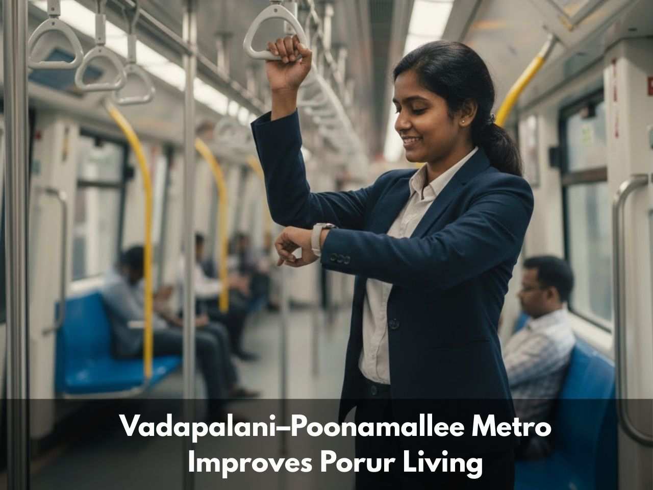 Female professional commuting inside a metro train, showing improved connectivity and easier daily travel for Porur residents in Chennai.