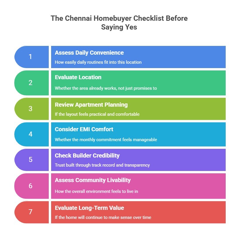 Chennai homebuyer checklist highlighting daily convenience, EMI comfort, community livability, and long-term value.