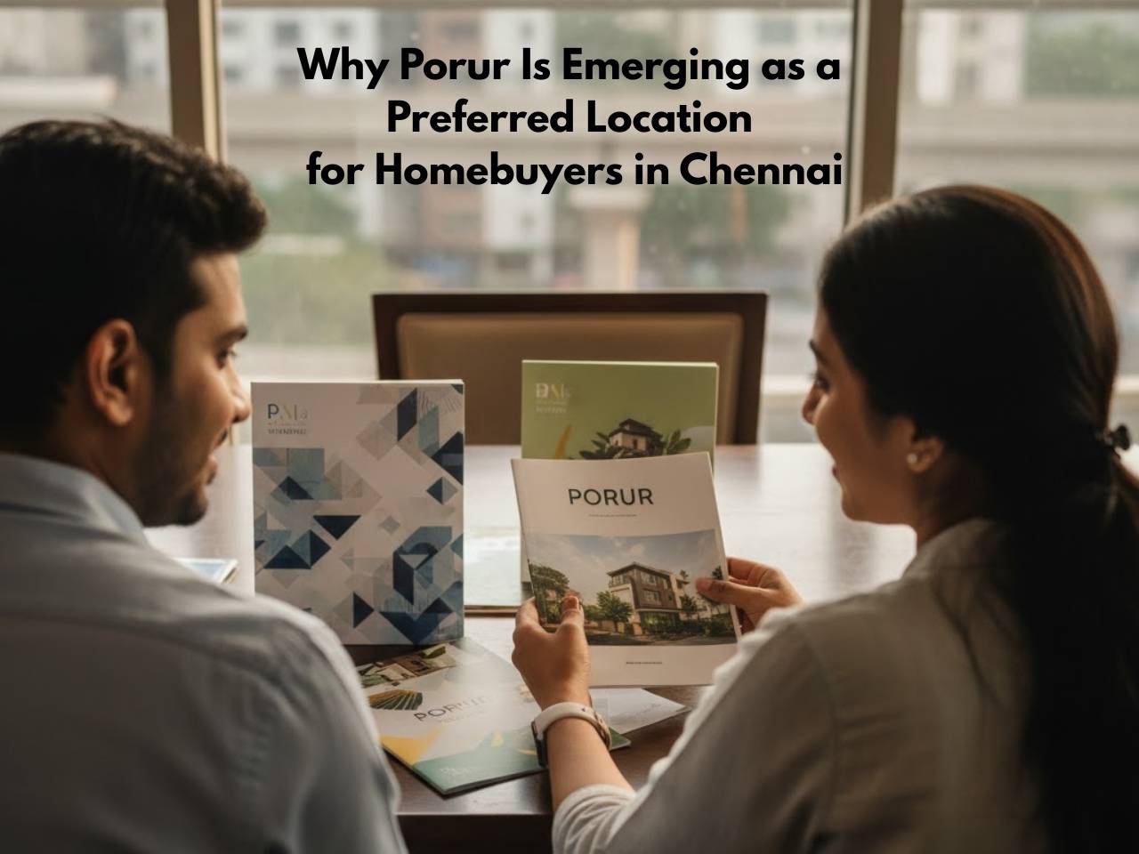 Homebuyers reviewing Porur residential brochures while discussing flats in Porur, Chennai as a preferred location.
