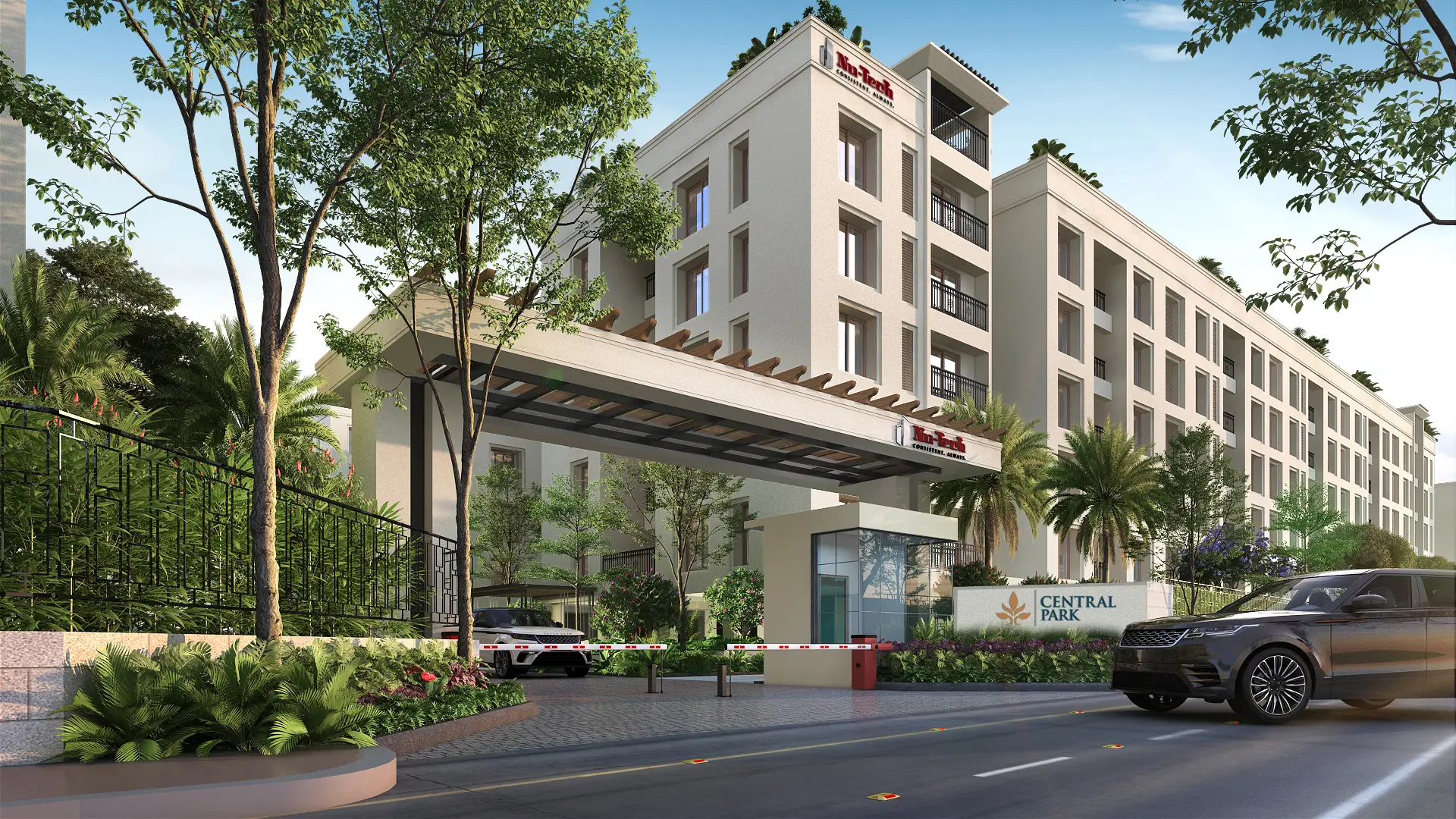 Grand entrance of Central Park apartments in Porur, offering secure access to premium lifestyle flats