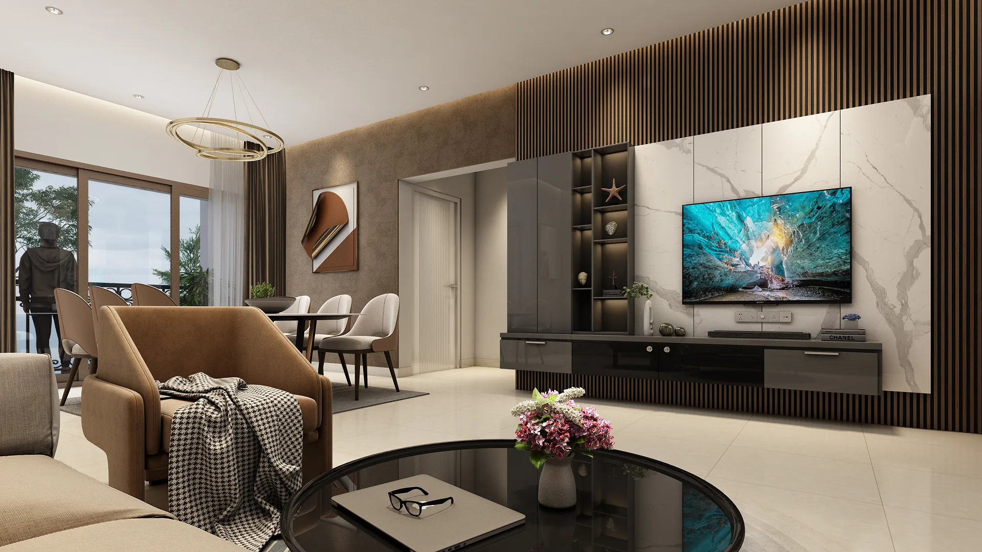 Modern living area inside upscale porur flats and apartments featuring TV wall and premium interiors