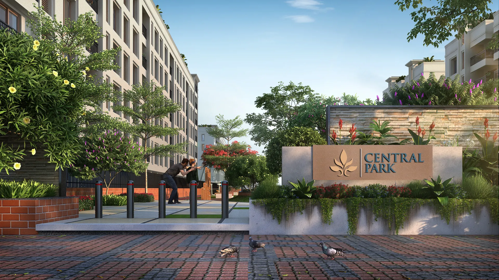 Entrance view of porur flats and apartments at Central Park with landscaped greenery and project logo
