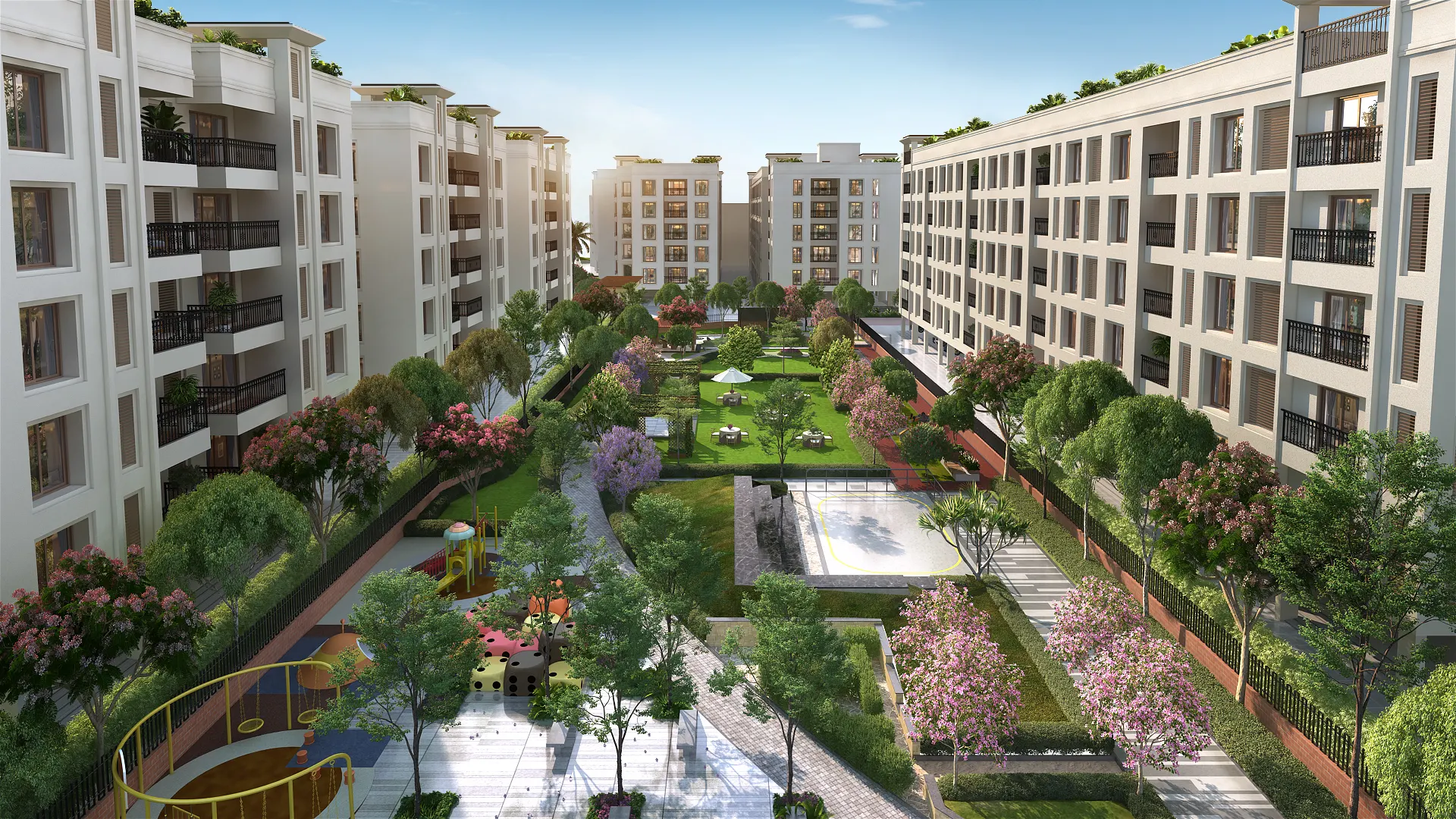 Central garden view between porur flats and apartments featuring greenery, seating areas and walkways