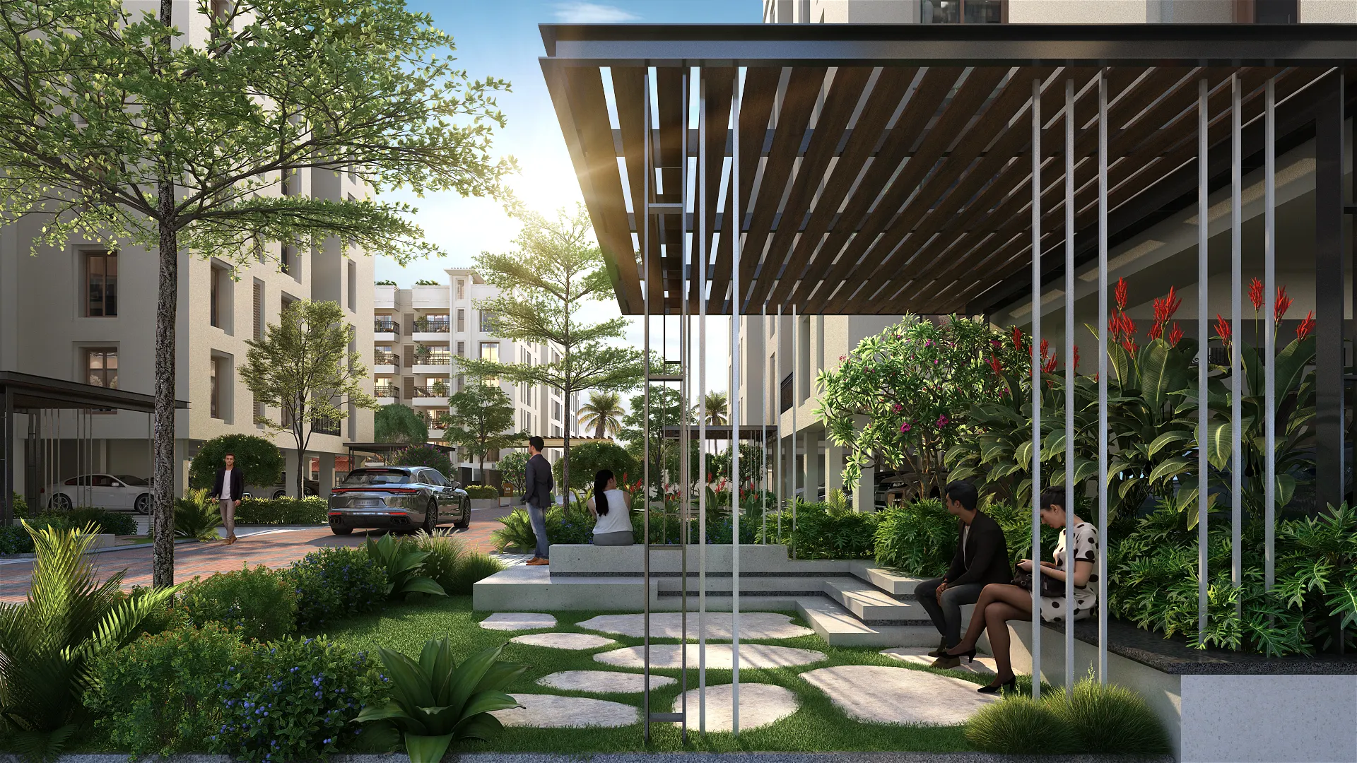 Garden seating and gazebo area inside premium apartments in Porur, offering peaceful outdoor spaces for flats.