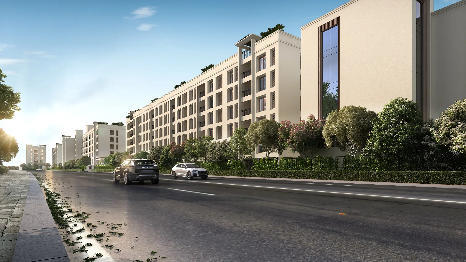Roadside view of modern porur flats and apartments with landscaped greenery and premium elevation design