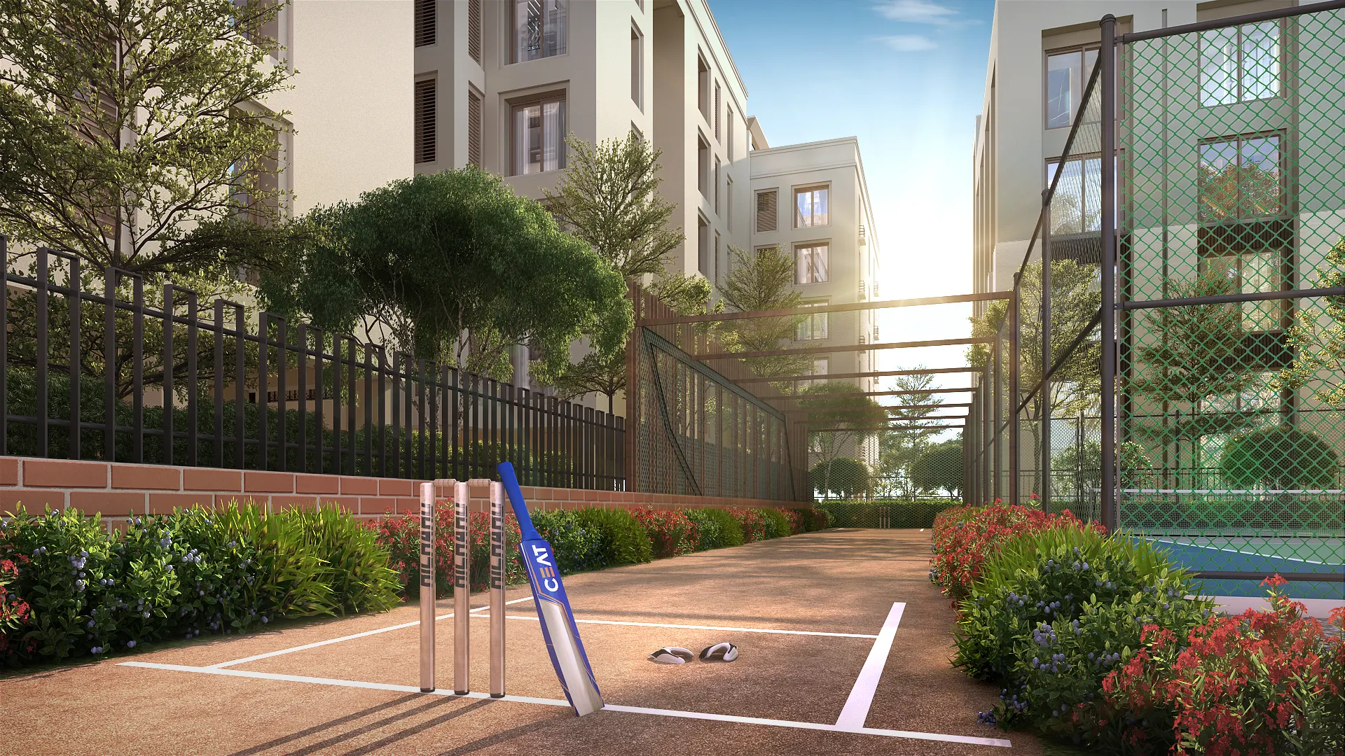 Cricket practice pitch inside Porur apartments, providing sports amenities for residents of premium flats.