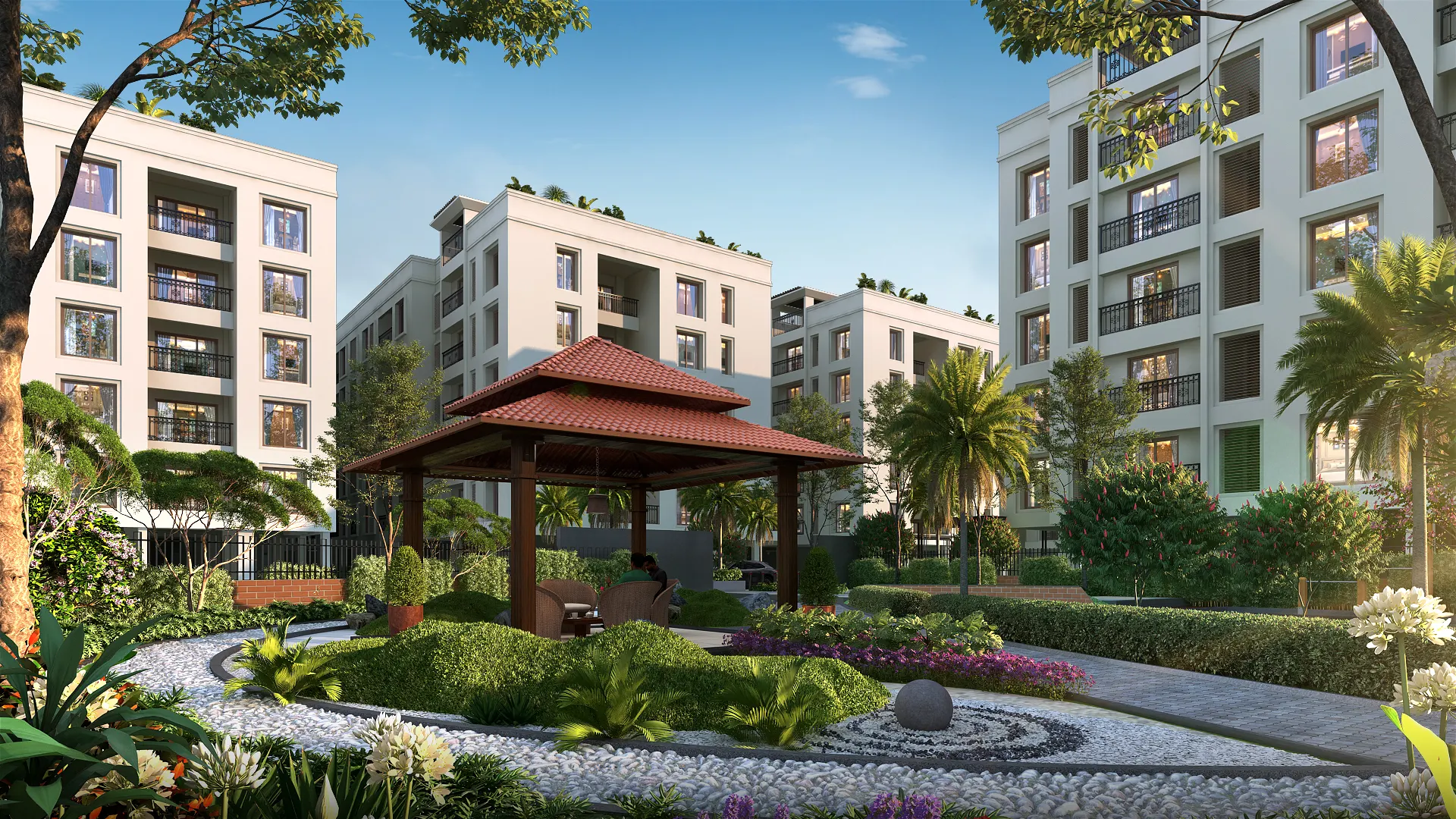 Zen garden view surrounded by porur flats and apartments with lush plants and seating areas