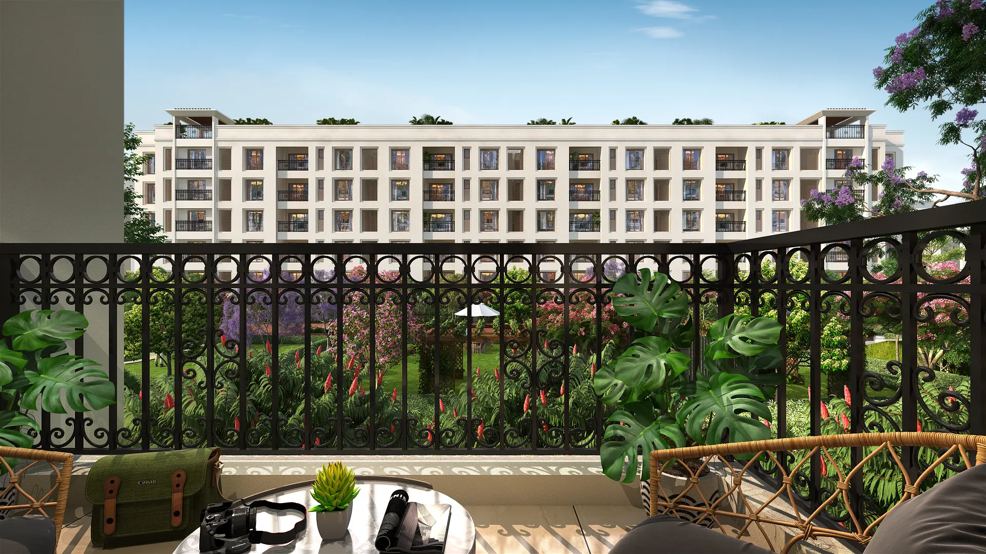 Balcony view of premium flats in Porur overlooking landscaped gardens at Nutech Central Park apartments.