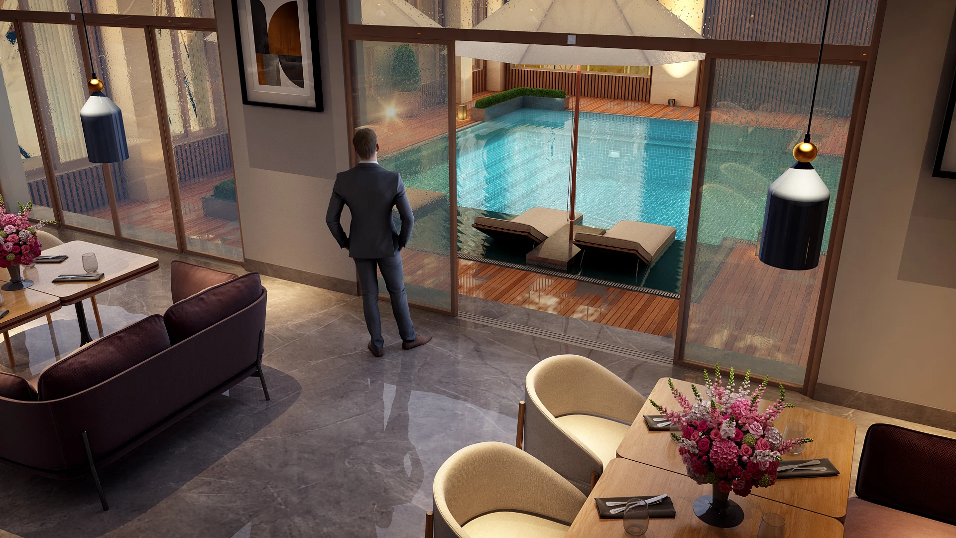 Poolside cafe view inside luxury apartments in Porur, highlighting premium amenities for flats