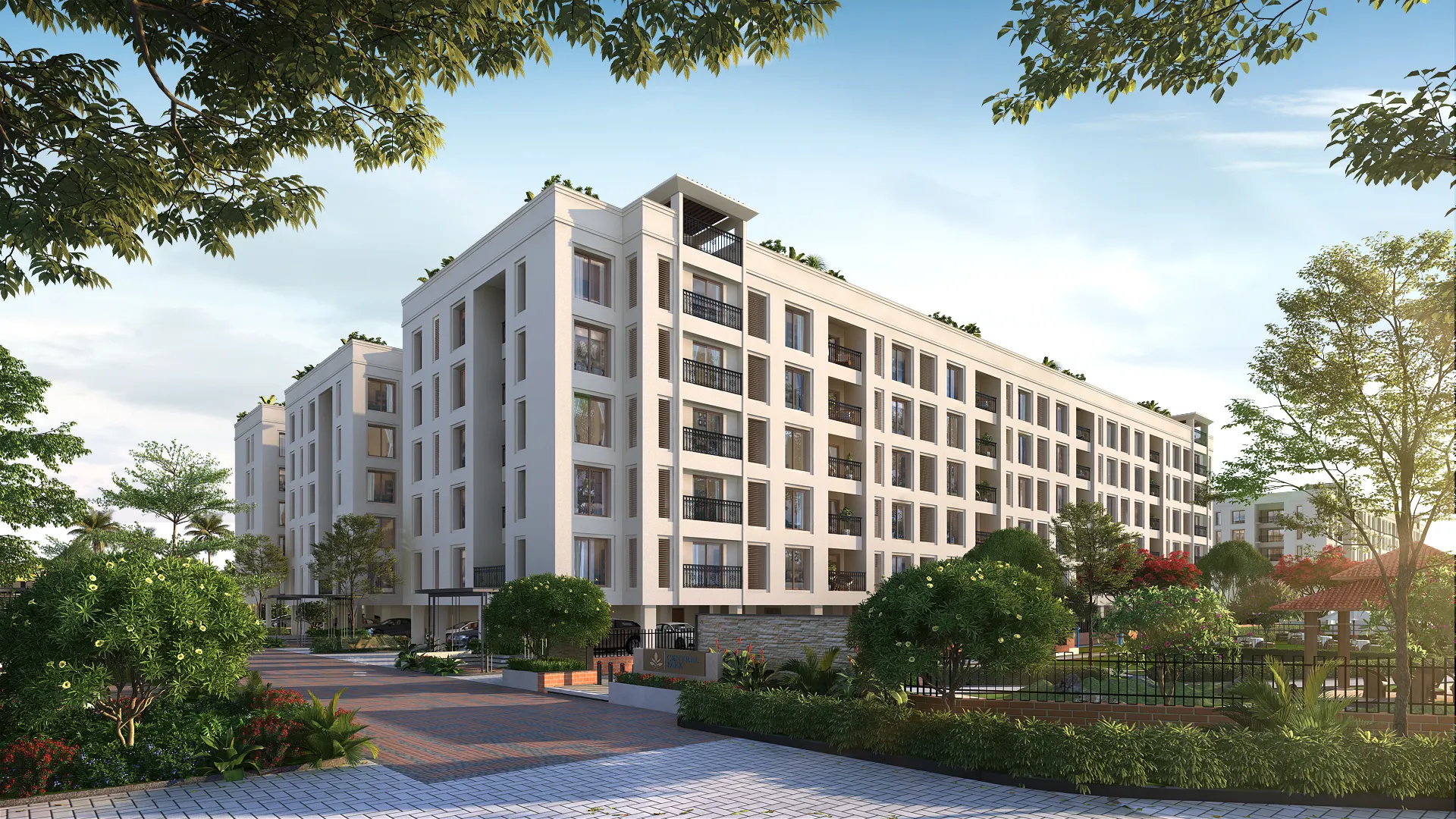 Spacious driveway and landscaped entrance of apartments in Porur, designed for premium lifestyle flats