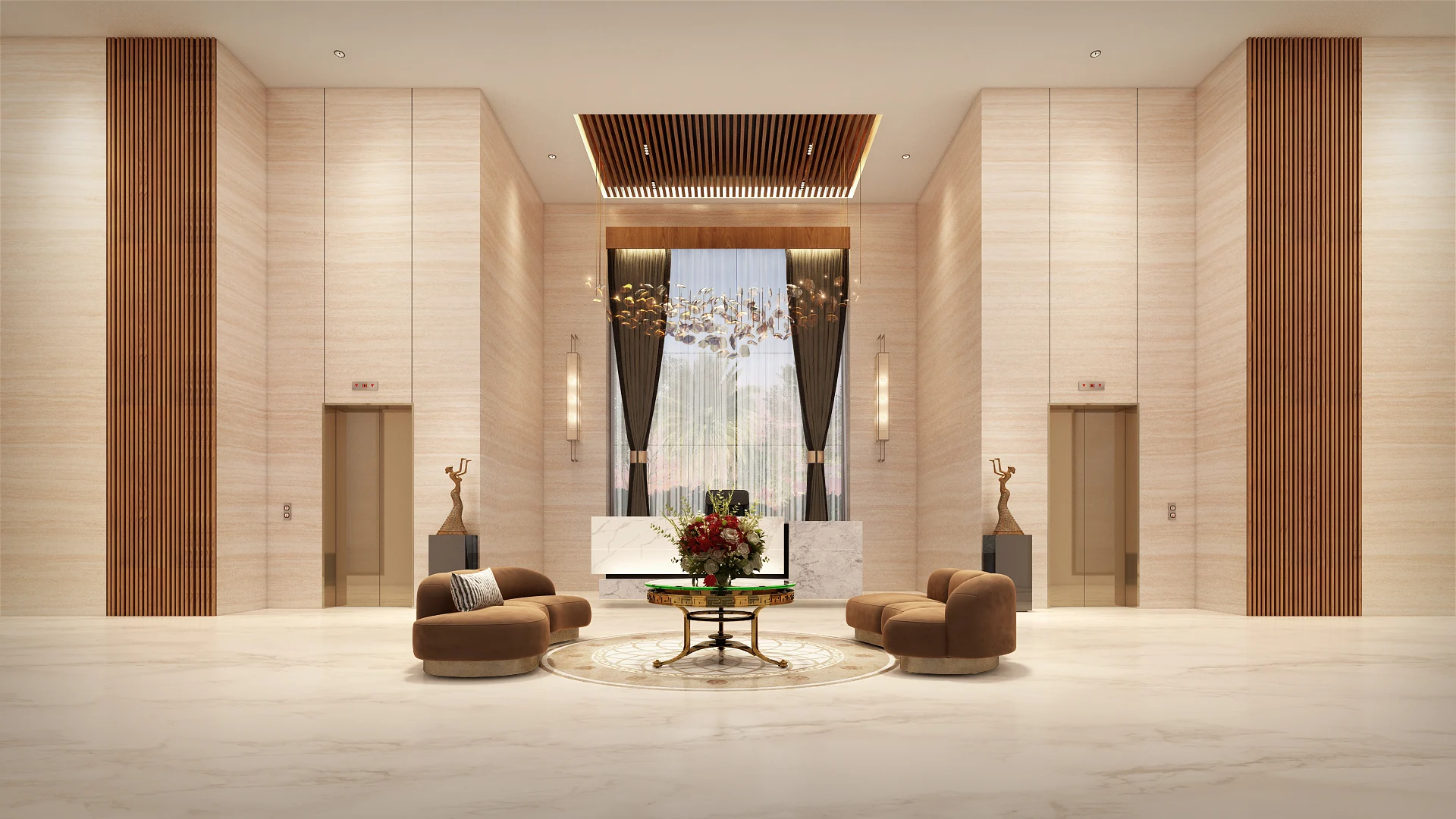 Grand lobby entrance of luxury porur flats and apartments with elegant décor and seating area.