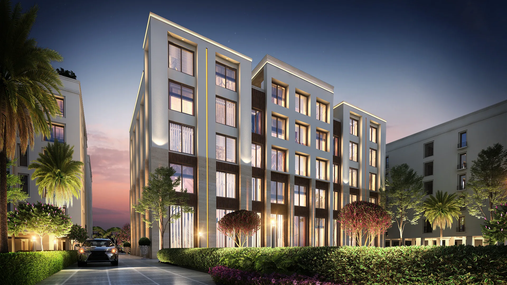 Night view of amenity block at luxury apartments in Porur, offering premium lifestyle facilities for modern flats