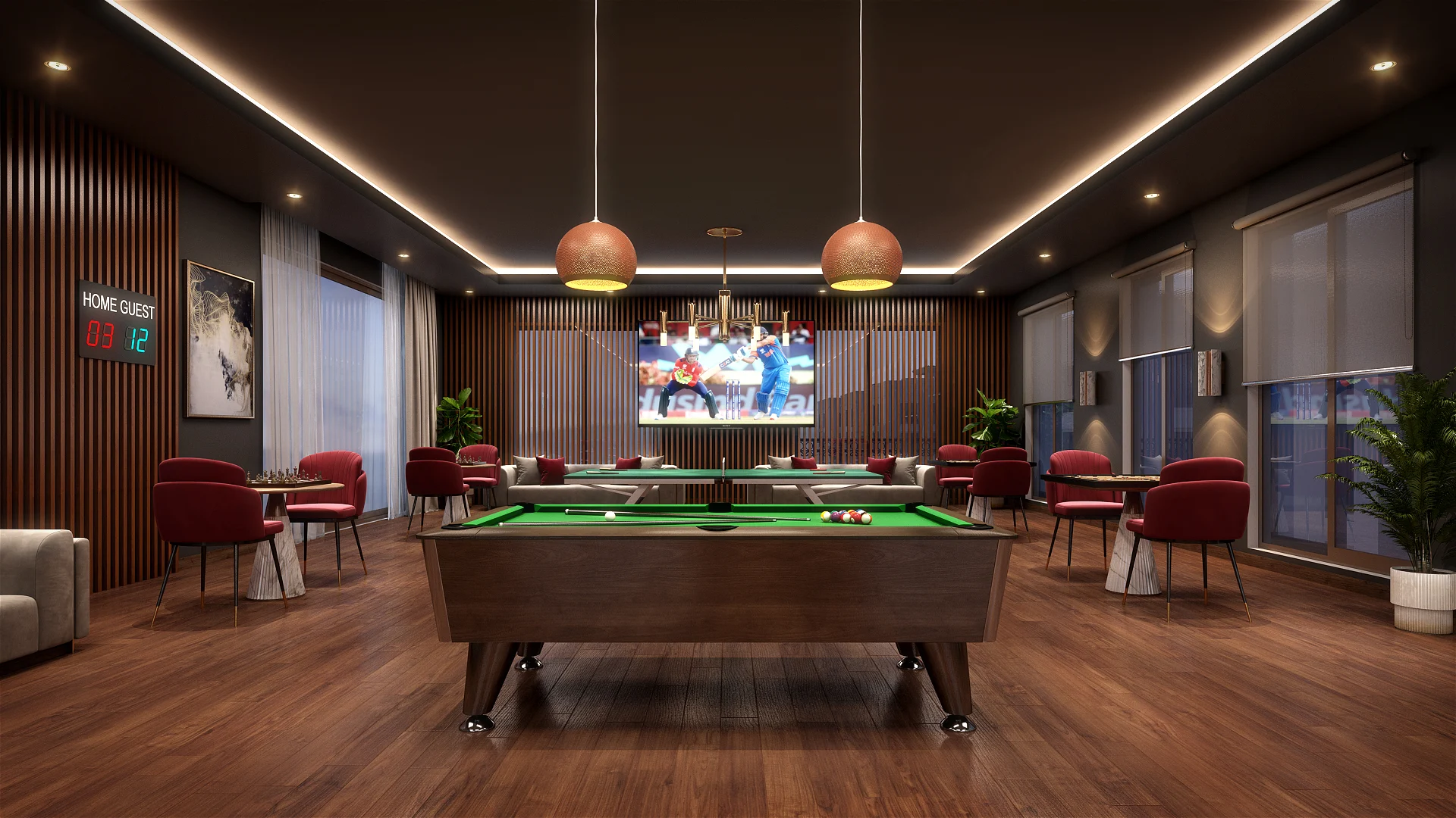 Indoor games room at porur flats and apartments with pool table, seating area and modern clubhouse design