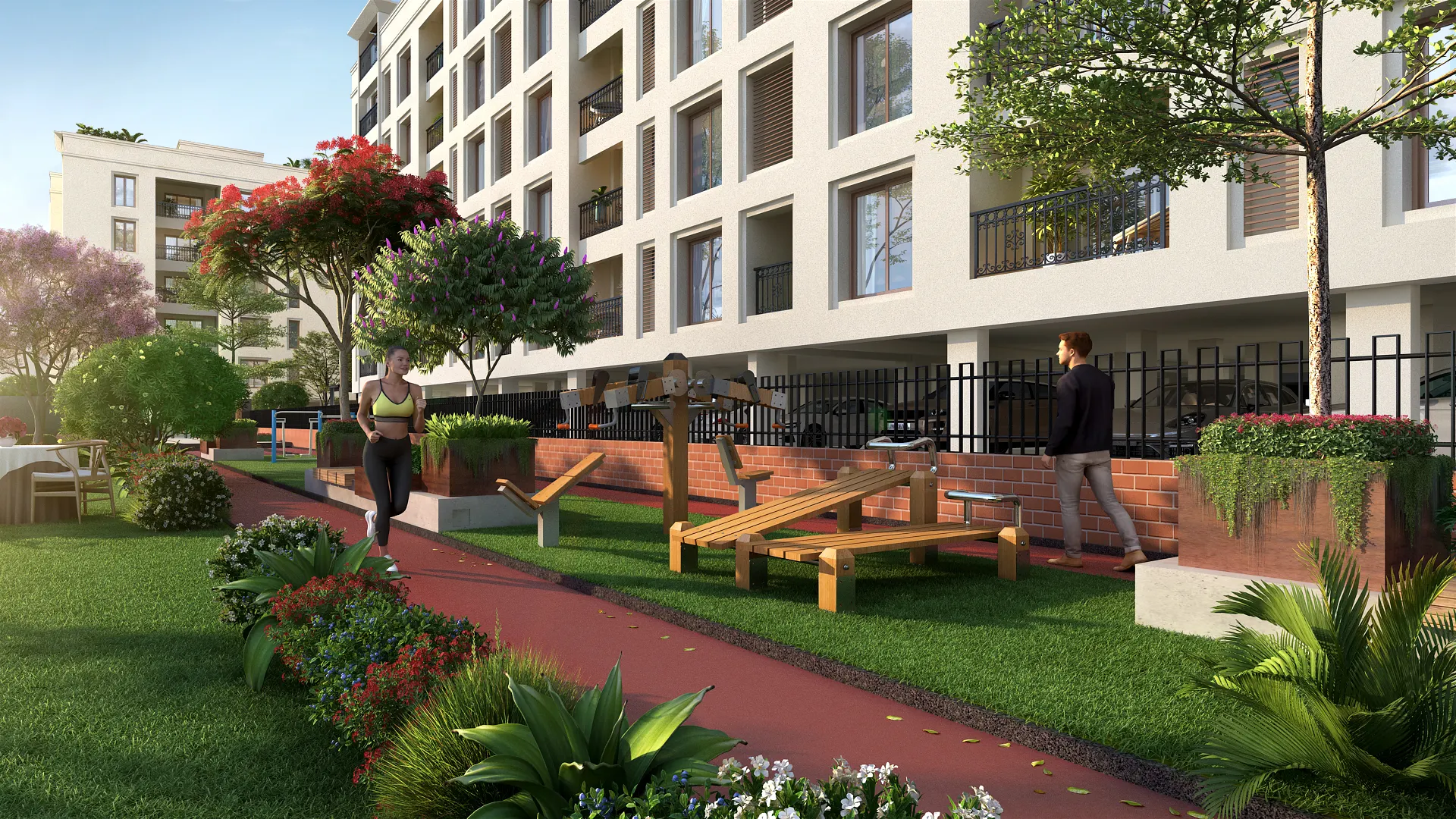 Outdoor gym area at porur flats and apartments with fitness equipment and greenery