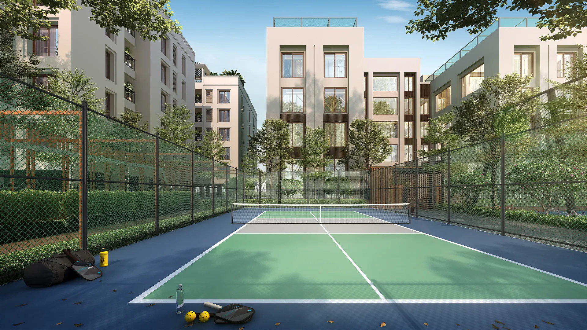 Pickleball court inside porur flats and apartments community with modern sports amenities