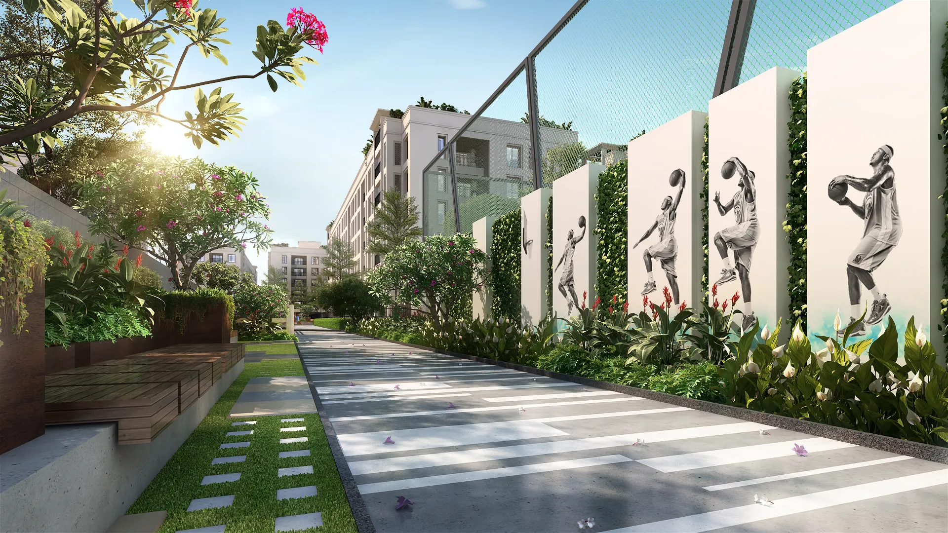 Seating plaza at porur flats and apartments featuring lush gardens and walkways
