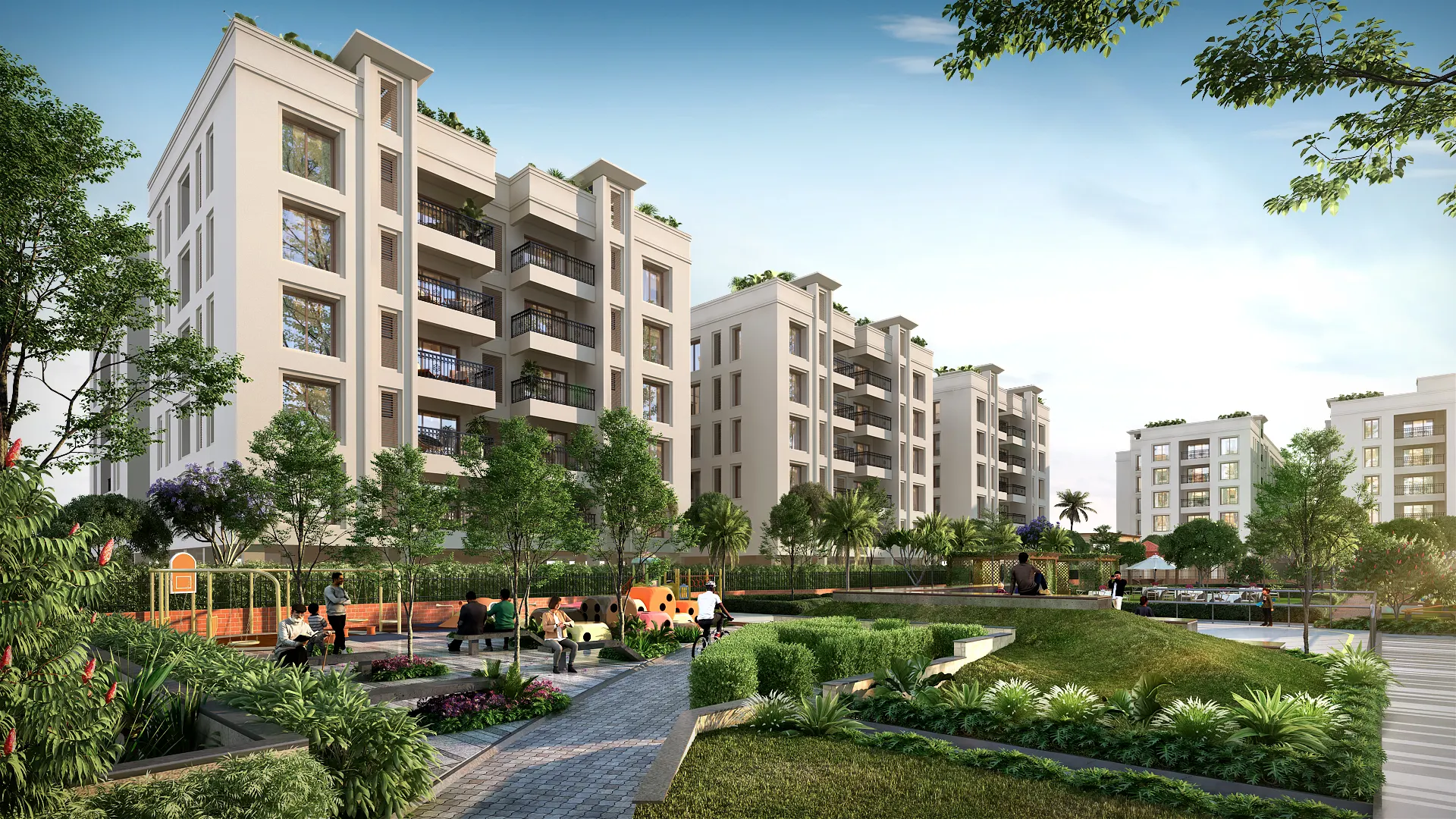 Senior citizen plaza at porur flats and apartments with landscaped seating and greenery