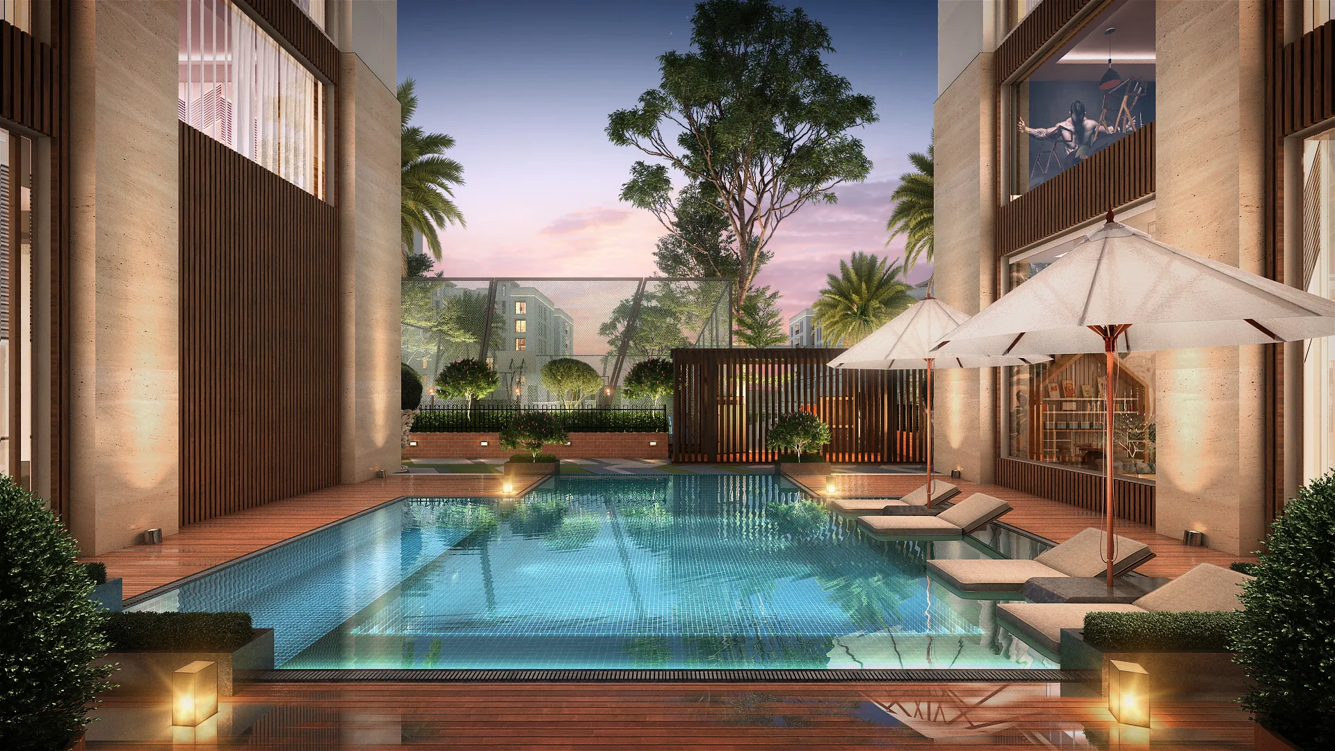 Luxury swimming pool area with lounge chairs inside modern porur flats and apartments community.