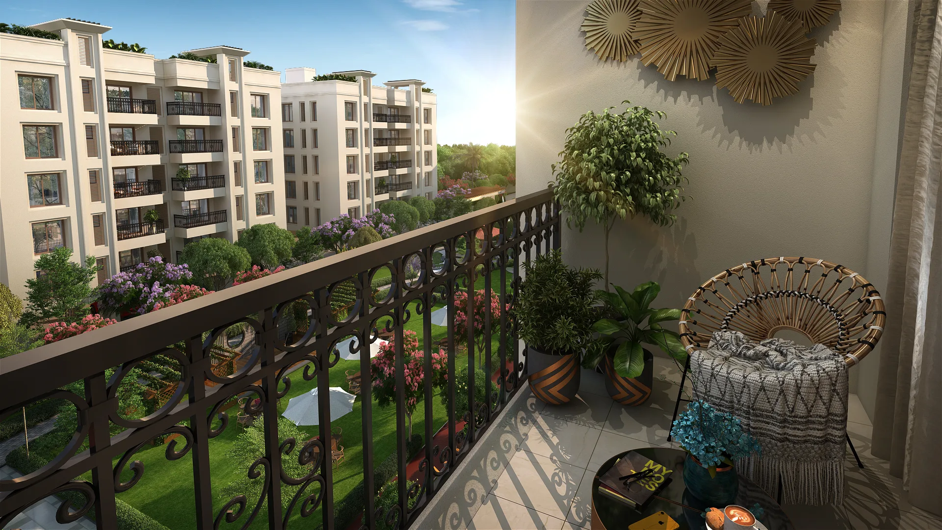 Balcony overlooking landscaped gardens in apartments at Porur, offering scenic views for premium lifestyle flats.