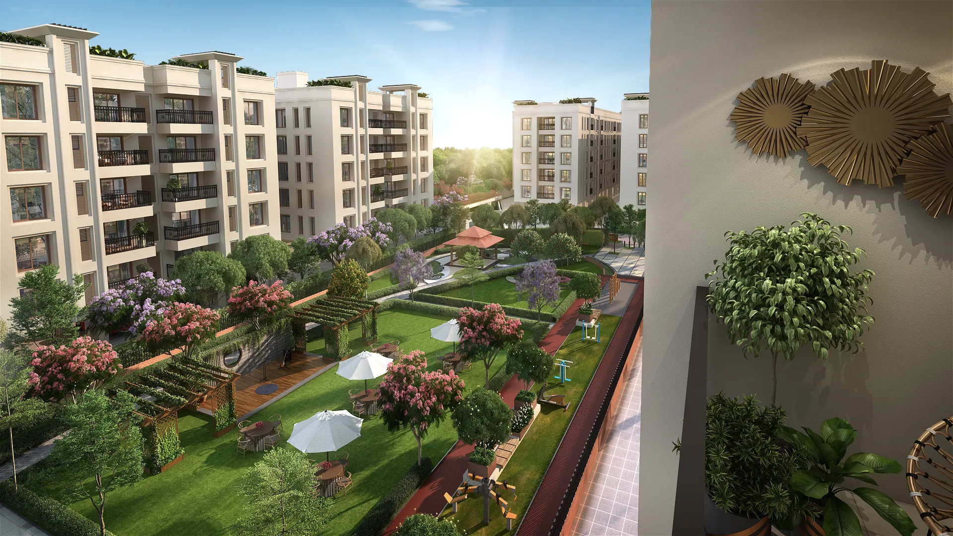 Wide balcony view of landscaped gardens at luxury apartments in Porur, designed for modern urban flats.