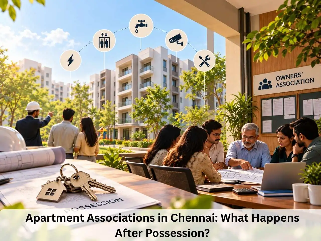 Apartment owners reviewing building plans and maintenance needs at a residential community meeting, with apartment blocks in the background.