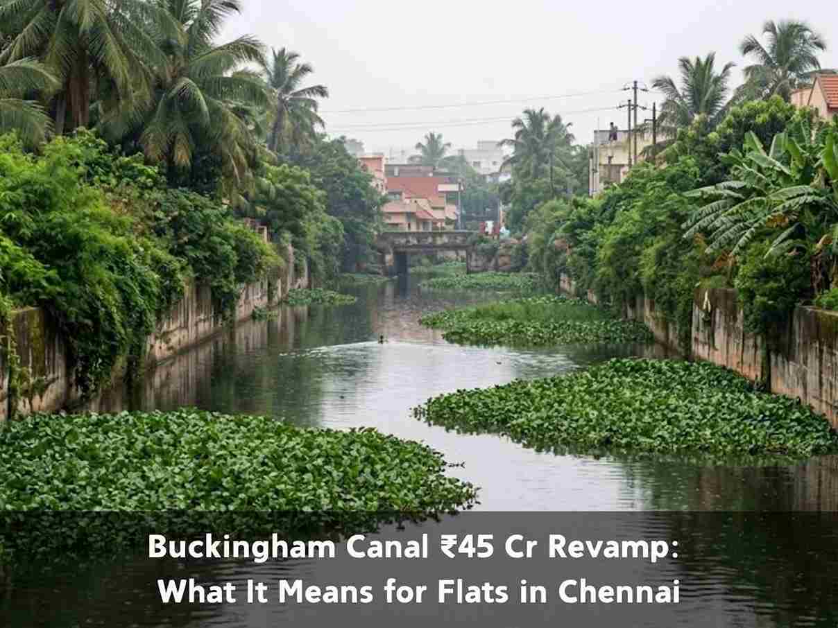 Buckingham Canal Chennai with greenery and residential surroundings before redevelopment impacting flats in Chennai.