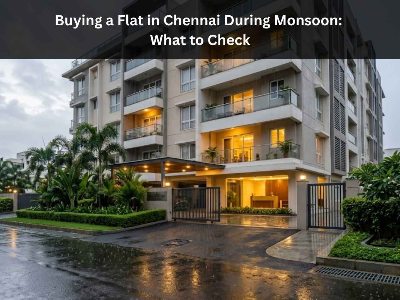 Gated apartment community in Chennai during monsoon rain, showing well-maintained drainage and approach roads