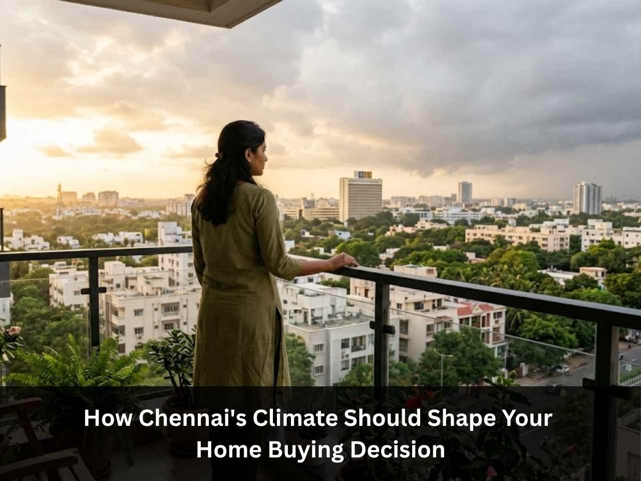 Woman on apartment balcony overlooking Chennai skyline, highlighting climate-friendly home buying considerations