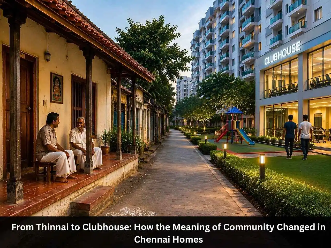 Traditional Chennai thinnai home beside a modern apartment clubhouse showing the shift in community living