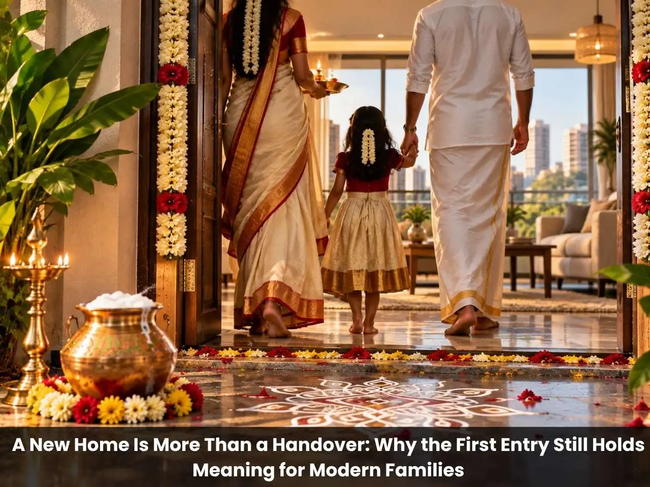 Family entering a newly completed Chennai apartment during a traditional Gruhapravesam housewarming ceremony