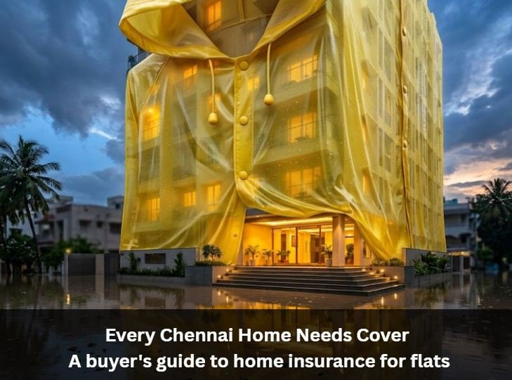 Chennai apartment wearing a giant yellow raincoat on a flooded street at dusk, its lobby dry and glowing