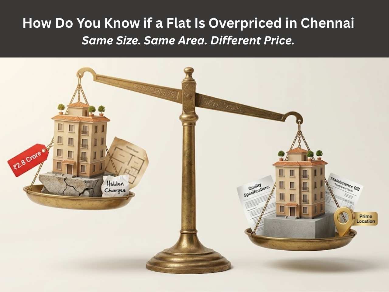 A weighing scale with two identical flats showing overpriced apartments in Chennai versus value-driven flats in Porur.