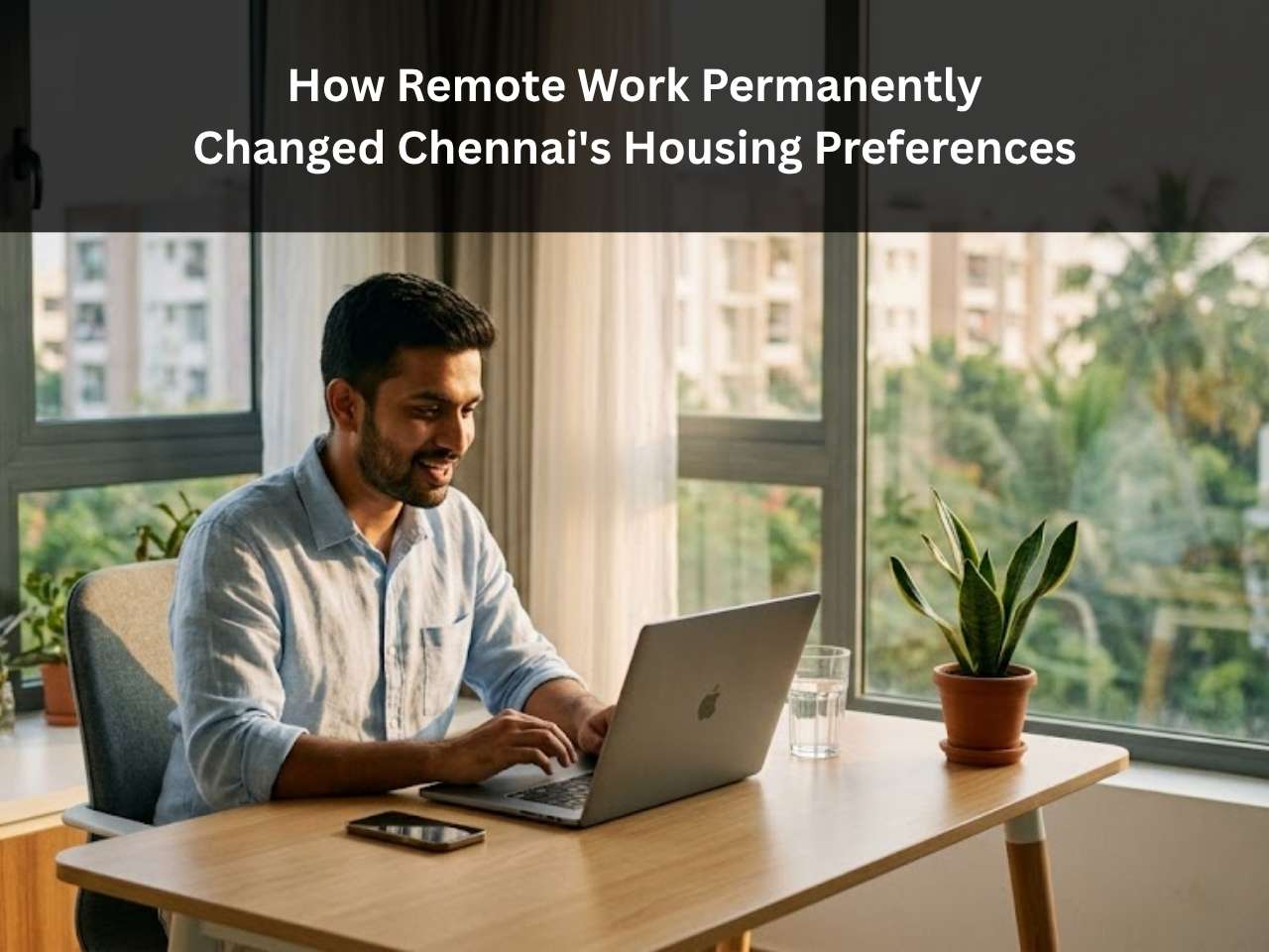 A man working from home at a desk with a laptop, surrounded by natural light and greenery, representing the WFH lifestyle at Nutech's flats in Porur, Chennai.