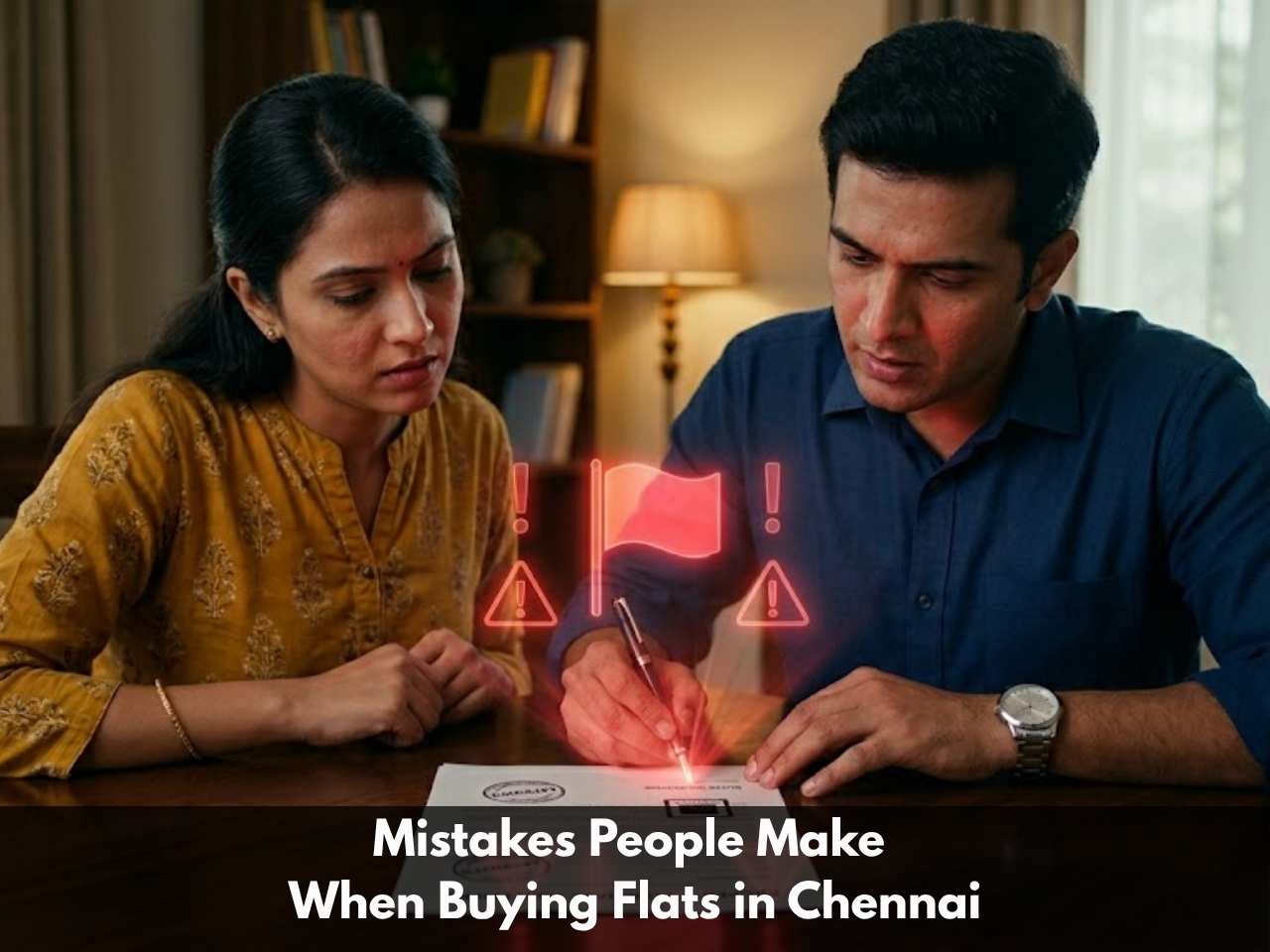 Couple reviewing a property agreement with red warning signs, highlighting mistakes to avoid when buying flats in Chennai.