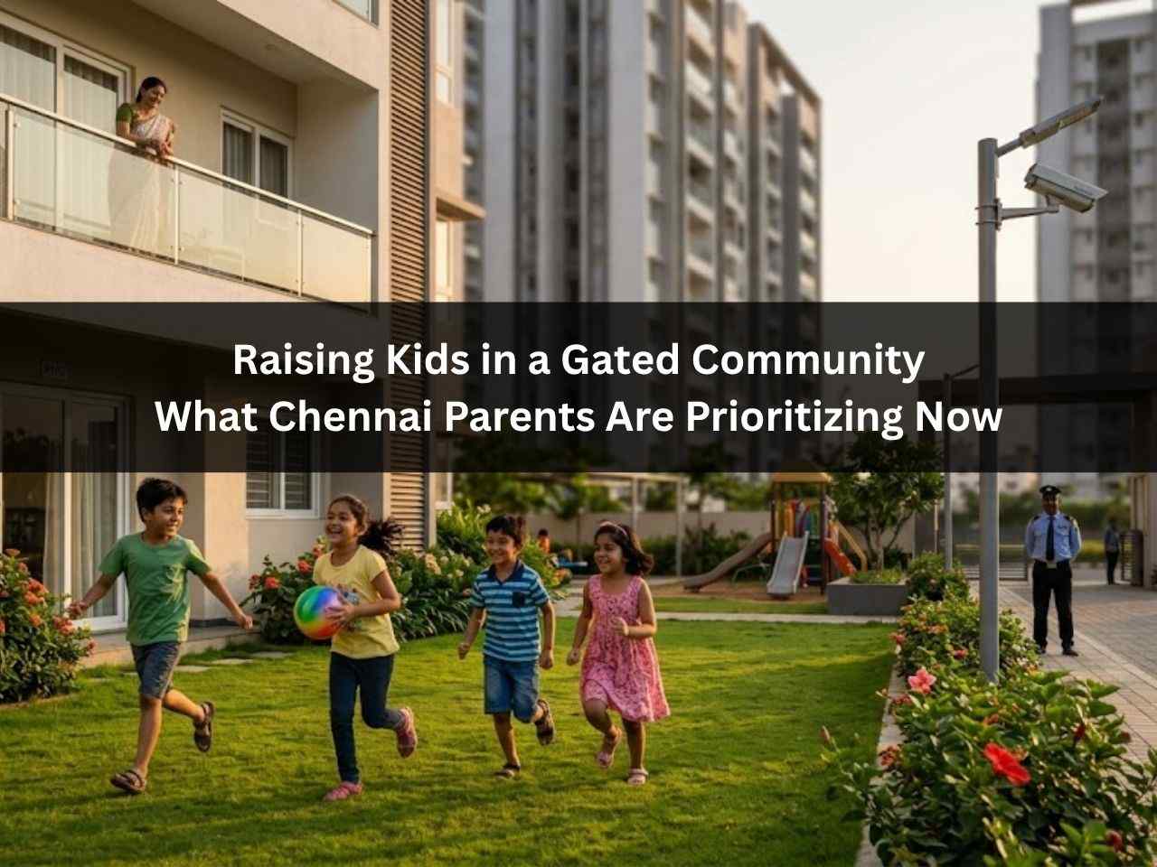 Children playing in a gated community park in Chennai with parents nearby