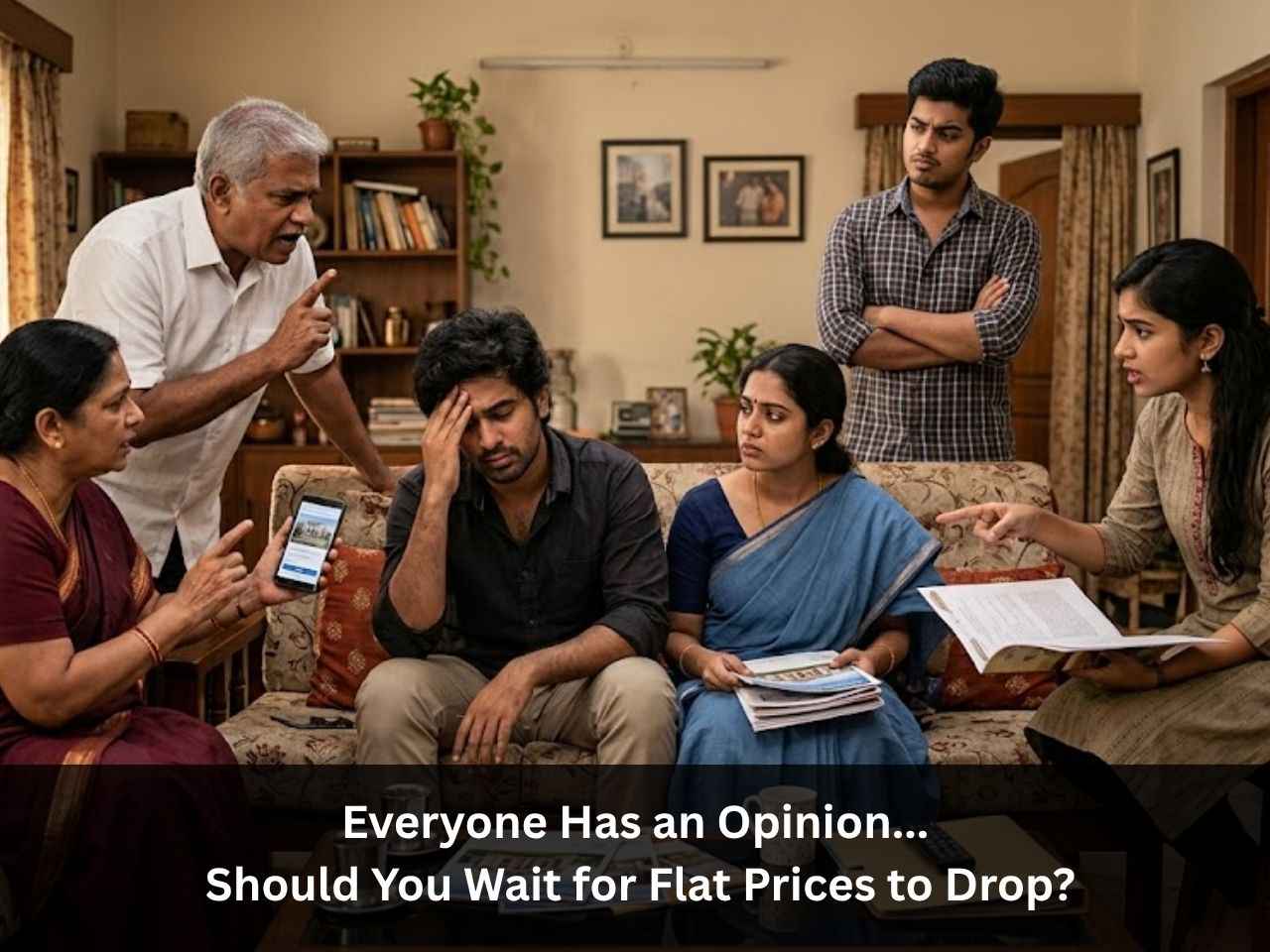 Couple overwhelmed by conflicting advice from family while buying a flat in Porur.
