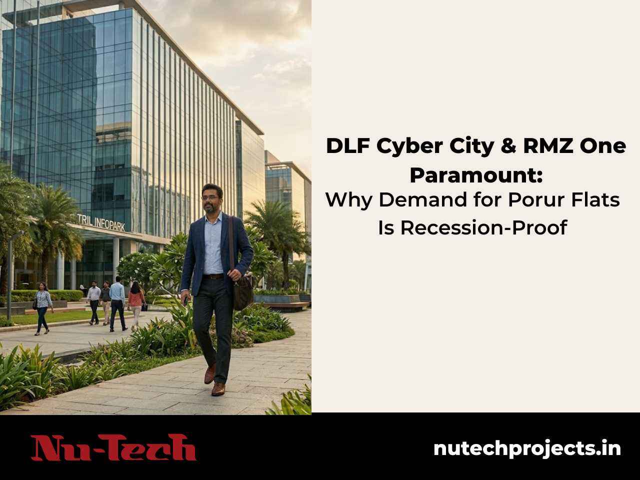 A professional walking outside a modern IT office campus in Chennai, representing employment-driven demand for flats in Porur near DLF Cyber City and RMZ One Paramount.